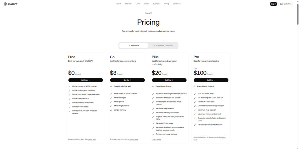 ChatGPT pricing plans