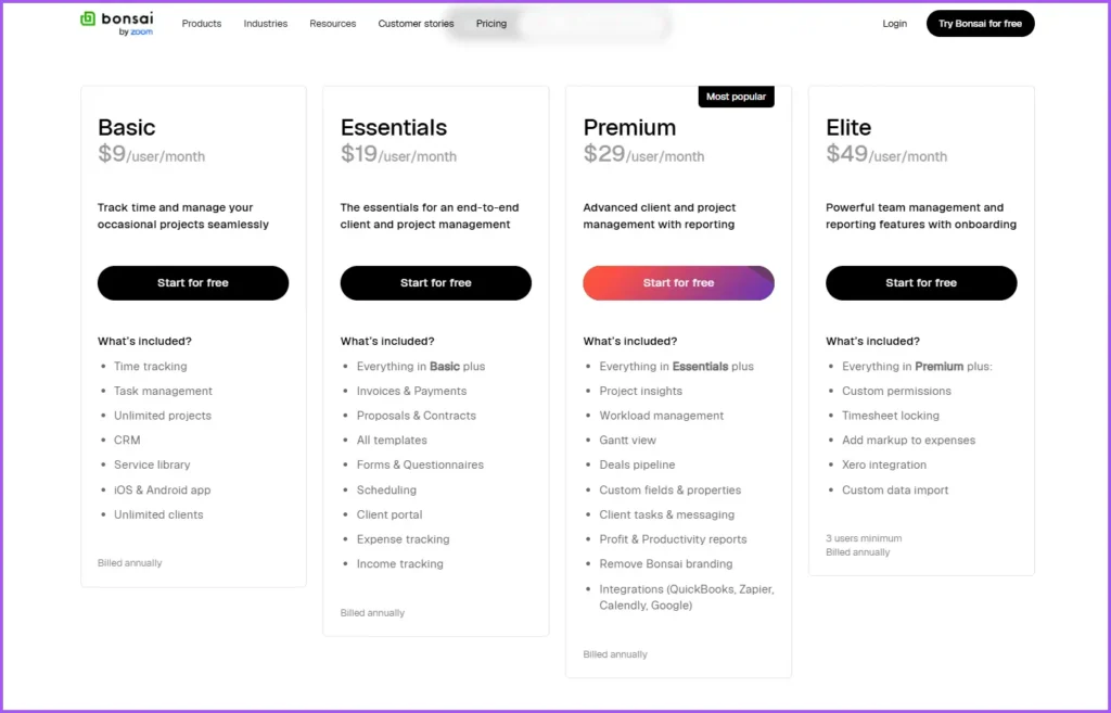 Bonsai pricing plans showing Basic, Essentials, Premium, and Elite