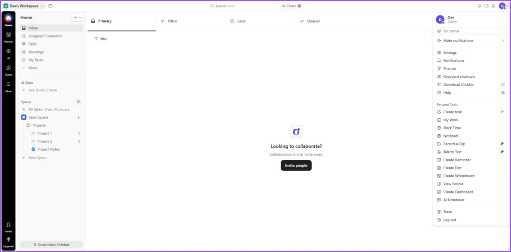 ClickUp dashboard workspace