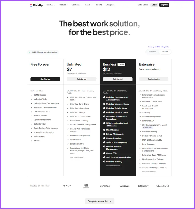 ClickUp pricing plans including Free Forever, Unlimited, Business, and Enterprise