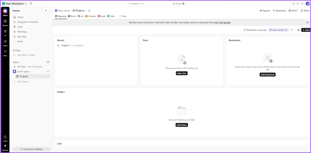 ClickUp project views including List, Board, Calendar, and Gantt