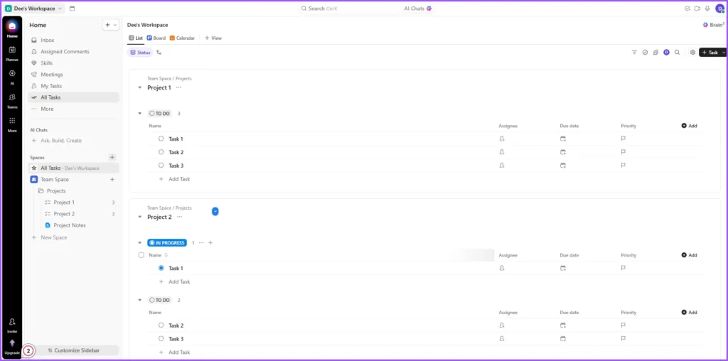 ClickUp task management with tasks, assignees, due dates, and priorities