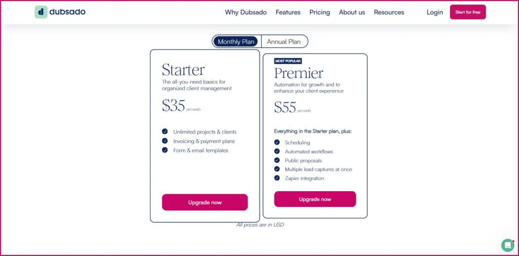Dubsado pricing plans