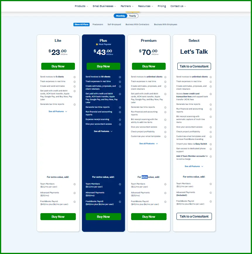 FreshBooks pricing plans and prices in 2026
