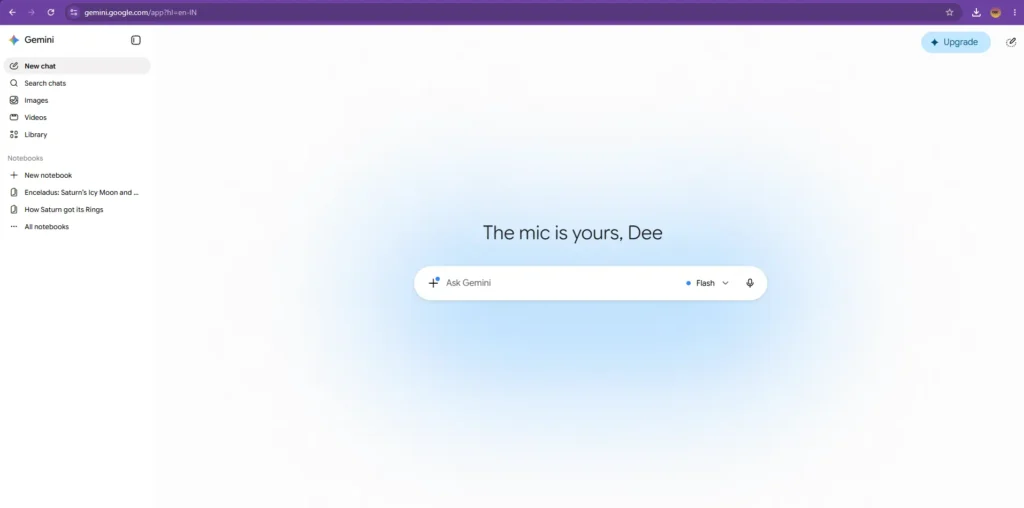 Google Gemini home interface showing chat, Gems, notebooks, and AI tools