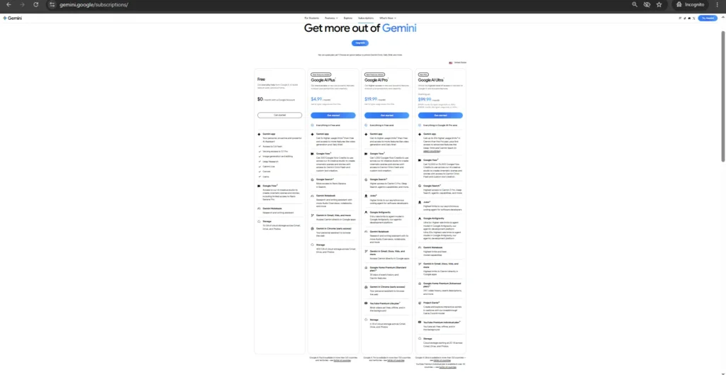 Google AI pricing plans showing Free, AI Pro, and AI Ultra subscriptions