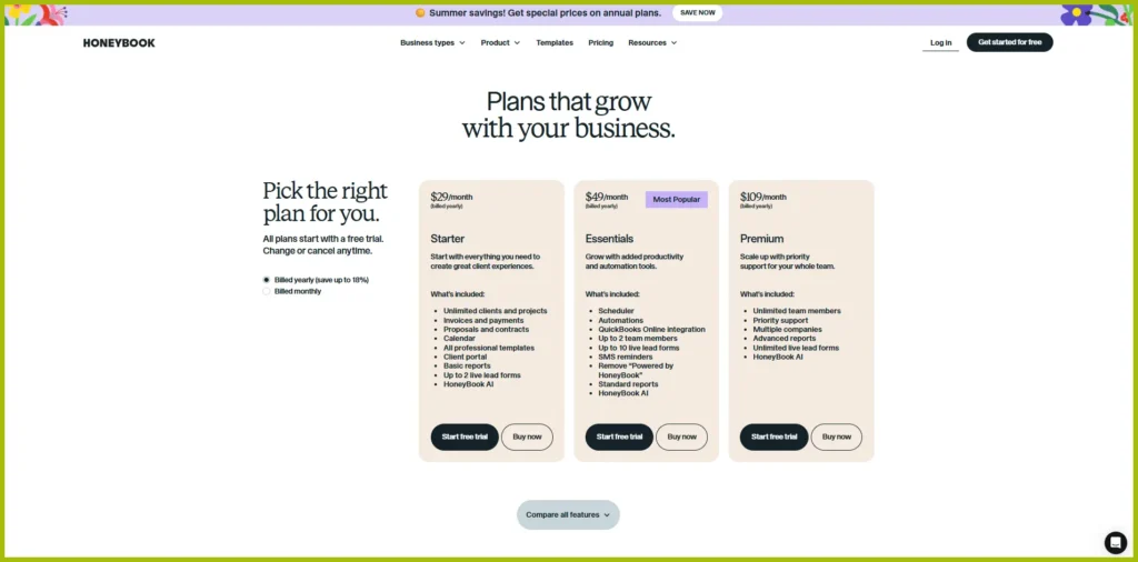 HoneyBook pricing plans