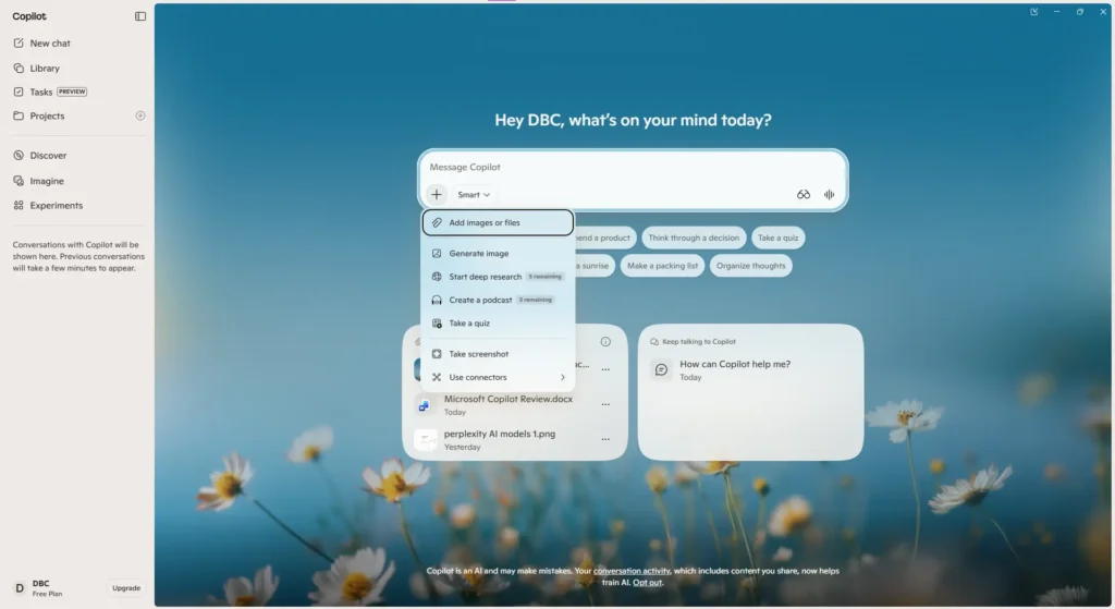 Microsoft Copilot file upload interface
