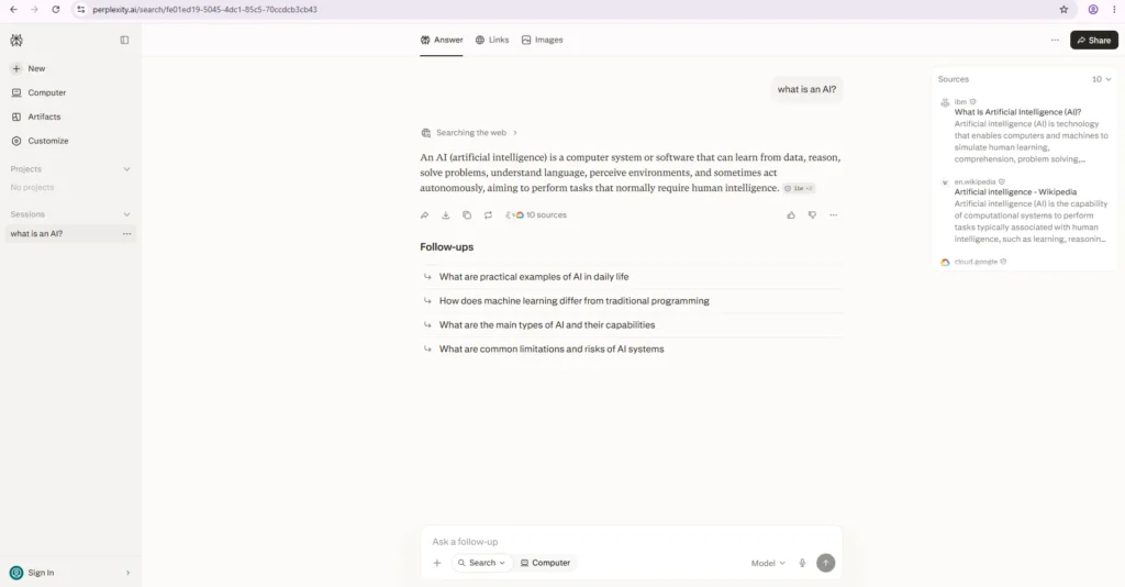 Perplexity AI search results with source citations