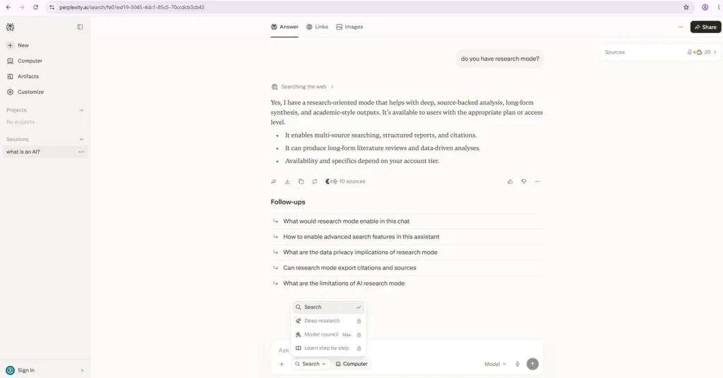 Perplexity AI Research Mode