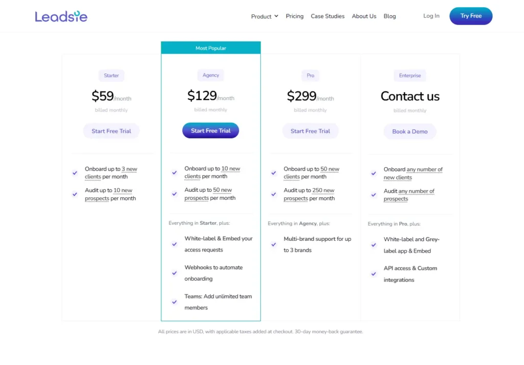 Leadsie pricing plans showing monthly and annual options