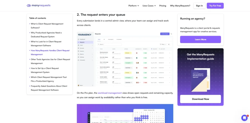 ManyRequests request management interface showing client requests and workflow status