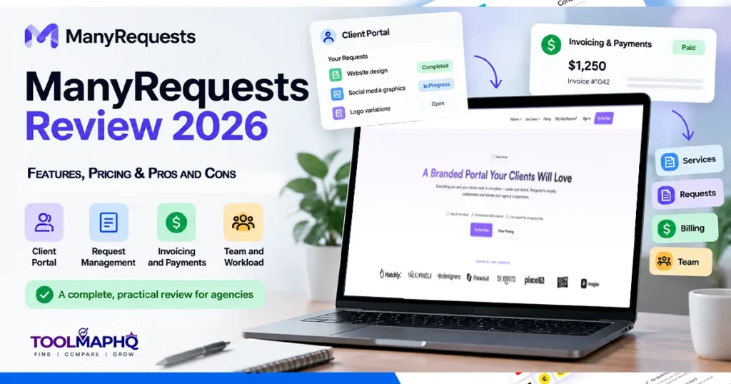 ManyRequests Review 2026 showing its client portal, requests, billing and team management features